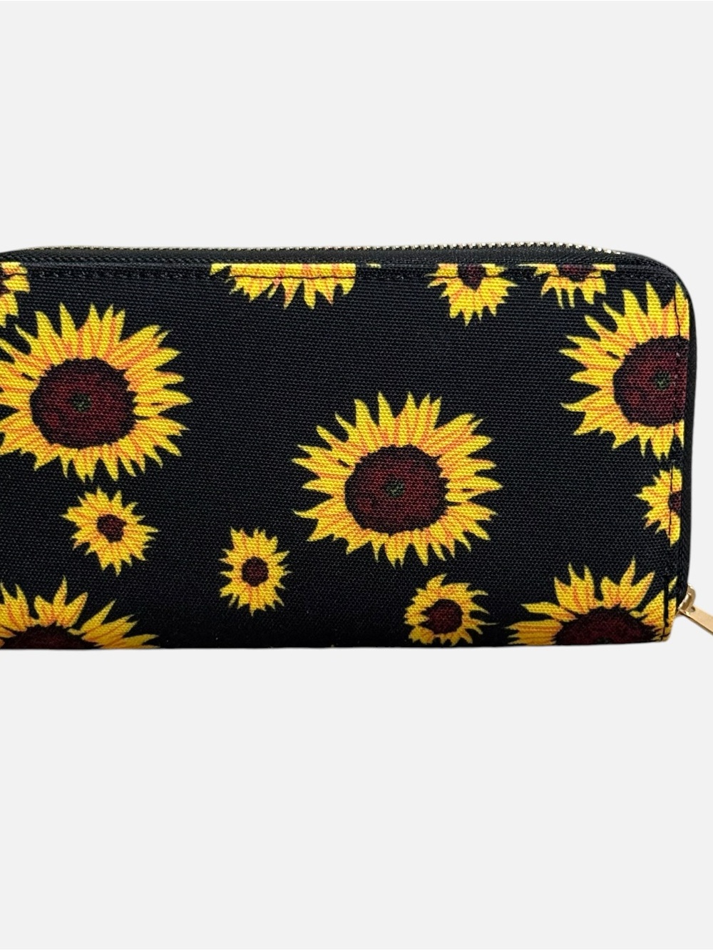 Sunflower Floral Zip Around Wallet Black Canvas Gold Tone Zipper